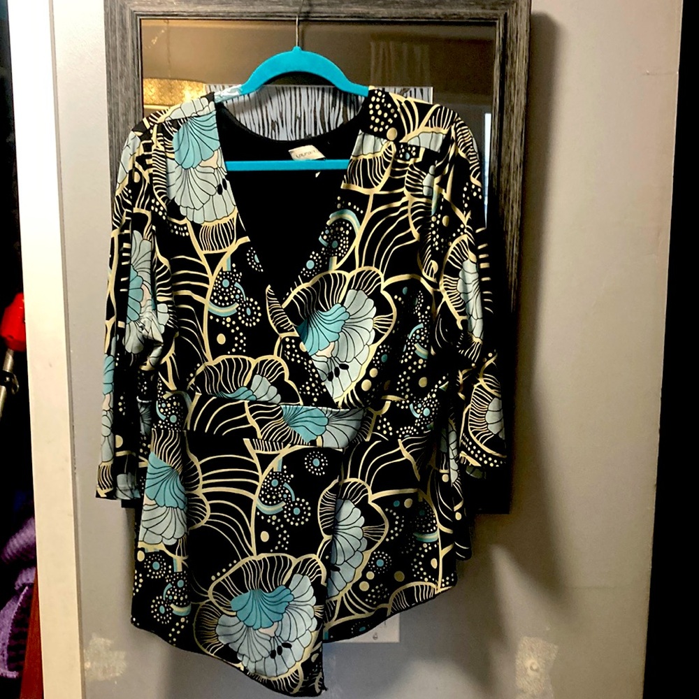 LauraPlus Black and Blue Asymmetrical Wrap Blouse with Sailor Collar